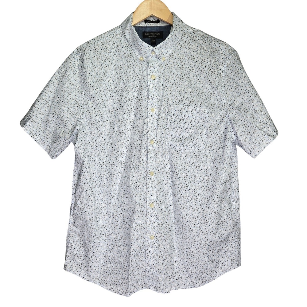 Banana Republic Mens L Standard Fit Bluefish‎ Short Sleeve Shirt Organic Cotton